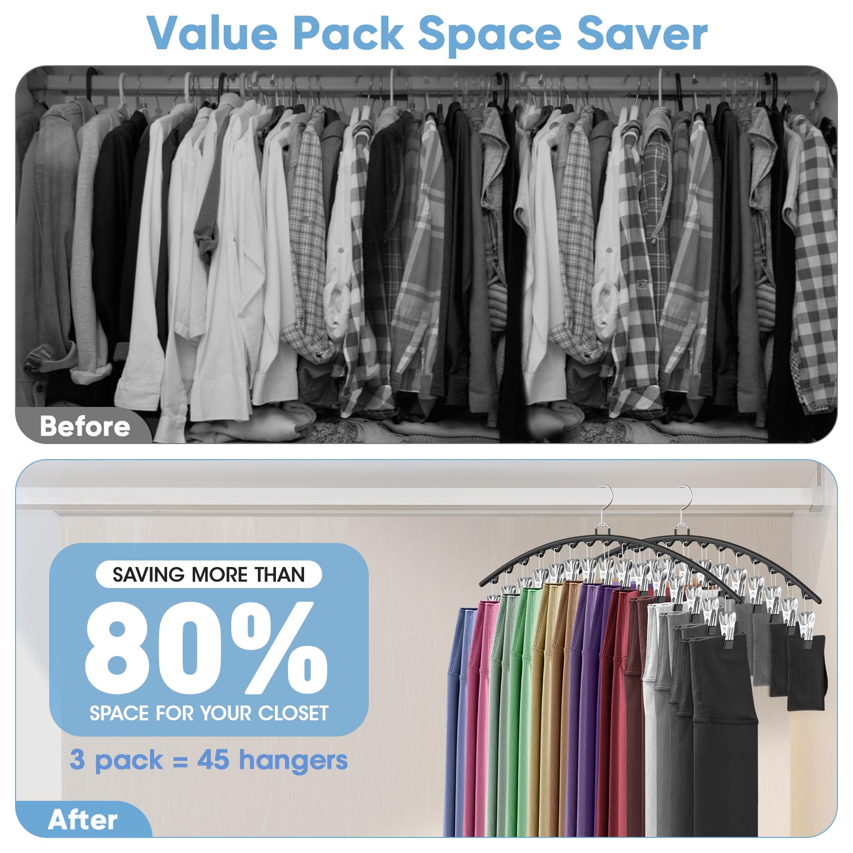 6 Pack Legging Organizer For Closet Hanging, Pants Hangers With 15 Clips Holds 45 Leggings, Shorts, Skirts, Jeans, Hats, Pants H